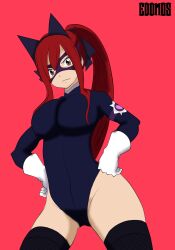 Rule 34 | 1girl, animal costume, animal ears, breasts, erza scarlet, fairy tail, highres, large breasts, long hair, red background, red hair, swimsuit