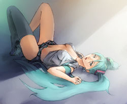 Rule 34 | 1girl, aqua eyes, aqua hair, breasts, covered erect nipples, hatsune miku, ikuyoan, long hair, lying, on back, open clothes, open shirt, panties, pantyshot, shirt, single thighhigh, sketch, skirt, small breasts, solo, thighhighs, twintails, underwear, upskirt, very long hair, vocaloid