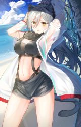 Rule 34 | 1girl, animal ears, arknights, arms up, black scarf, black shorts, blue sky, blush, breasts, cat ears, cat tail, cloud, commentary request, cowboy shot, crop top, day, female focus, hair between eyes, highres, iroe yuu, jacket, long hair, long sleeves, looking at viewer, medium breasts, midriff, navel, open clothes, open jacket, outdoors, parted lips, scarf, schwarz (arknights), short shorts, shorts, silver hair, sky, solo, standing, stomach, tail, water, white jacket, yellow eyes