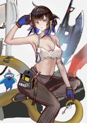 Rule 34 | 1girl, ahoge, animal, arknights, black footwear, black gloves, blue eyes, blue gloves, blue hair, breasts, brown hair, brown pants, cleavage, colored inner hair, crop top, eunectes (arknights), eunectes (forgemaster) (arknights), female focus, foot out of frame, fuying sanbing, gloves, high priest (arknights), highres, id card, looking at viewer, medium breasts, midriff, multicolored hair, official alternate costume, pants, pointy ears, shirt, simple background, sketch, snake tail, solo, tail, torn clothes, torn shirt, white background, white shirt