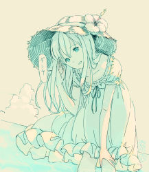 Rule 34 | 1girl, alternate costume, blue theme, cloud, dated, dress, flower, hair between eyes, hat, hat flower, hibiscus, highres, kantai collection, kokudou juunigou, long hair, looking at viewer, monochrome, outdoors, parted lips, ro-500 (kancolle), short sleeves, signature, sky, solo, speech bubble, straw hat, sundress, translated