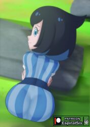 Rule 34 | 1girl, arm support, artist logo, artist name, ass, back, bent over, black hair, blue eyes, blue hair, closed mouth, creatures (company), espiralsix, from above, from behind, full body, game freak, highres, leaning forward, liko (pokemon), multicolored hair, nintendo, paid reward available, patreon logo, pokemon, pokemon (anime), pokemon horizons, short hair, short sleeves, smile, solo