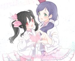 Rule 34 | 10s, 2girls, :d, alternate hairstyle, bad id, bad pixiv id, black hair, blush, bow, gloves, green eyes, hair bow, heart, heart hands, heart hands duo, long hair, looking at viewer, love live!, love live! school idol project, marin (myuy 3), multiple girls, open mouth, purple hair, red eyes, scrunchie, side ponytail, smile, snow halation, song name, tojo nozomi, twintails, yazawa nico