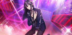 Rule 34 | 1boy, afterl!fe, black hair, choker, facing away, ghilley (afterl!fe), jacket, kneeling, long hair, long sleeves, looking at viewer, male focus, official art, open mouth, pants, red eyes, second-party source, solo, stage, teeth