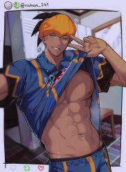Rule 34 | &gt; o, 1boy, abs, black hair, blue shorts, chariko, clothes lift, creatures (company), earrings, game freak, jewelry, looking at viewer, male focus, navel, navel piercing, nintendo, nipples, one eye closed, pectorals, piercing, pokemon, pokemon swsh, raihan (pokemon), selfie, shirt, shirt lift, short hair, shorts, smile, solo, teeth, toned, toned male, undercut, upper body, v