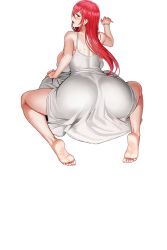 Rule 34 | 1girl, ass, barefoot, breasts, dress, feet, from behind, full body, highres, hongryeon (last origin), huge breasts, last origin, looking at viewer, looking back, mole, mole under eye, official art, simple background, solo, spill, sweat, table, tachi-e, taesi, tongue, tongue out, transparent background, white dress