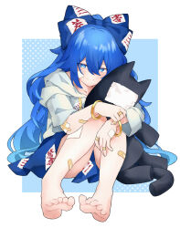 1girl bandaid bandaid_on_arm bandaid_on_finger bandaid_on_leg bangle barefoot blue_background blue_bow blue_eyes blue_hair blue_skirt border bow bracelet ch00suke closed_mouth commentary feet full_body gauze gauze_on_arm gauze_on_cheek gauze_on_leg grey_hoodie hair_between_eyes hair_bow halftone highres holding holding_stuffed_toy hood hood_down hoodie jewelry knees_up long_hair looking_at_viewer outside_border short_sleeves sitting skirt smile soles solo stuffed_animal stuffed_toy toenails toes touhou white_border yorigami_shion