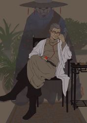 Rule 34 | 2boys, absurdres, black footwear, boots, chinese clothes, crossed legs, cup, earbuds, earphones, closed eyes, ghost, glasses, grey hair, highres, listening to music, multiple boys, namu3269, old, old man, pan jing (the legend of luoxiaohei), plant, table, teapot, luo xiaohei zhanji, yu xi (the legend of luoxiaohei)