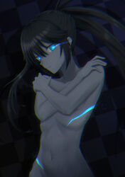 Rule 34 | 1girl, black hair, black rock shooter, black rock shooter: dawn fall, black rock shooter (character), blue eyes, breasts, checkered background, collarbone, covering privates, covering breasts, floating hair, glowing, glowing eye, hair between eyes, highres, kuthird346, long hair, navel, nude, open mouth, sideboob, small breasts, solo, upper body