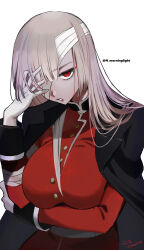Rule 34 | absurdres, asakou (n morninglight), bandages, belt, breasts, fate/grand order, fate (series), florence nightingale (fate), gloves, highres, large breasts, lipstick, makeup, one eye covered, red eyes, simple background, white background, white gloves, white hair