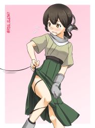 Rule 34 | 1girl, belt, black hair, blush, commentary request, gloves, hakama, hakama short skirt, hakama skirt, headphones, highres, japanese clothes, kantai collection, kasuga maru (kancolle), one-hour drawing challenge, open mouth, outside border, pink background, psg sub707, short hair, simple background, skirt, solo, taiyou (kancolle), tears, wire
