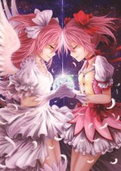 Rule 34 | 10s, 2girls, bow, choker, closed eyes, dress, dual persona, earth (planet), feathers, gloves, hair bow, highres, holding hands, kaname madoka, ks (xephyrks), lens flare, long hair, magical girl, mahou shoujo madoka magica, mahou shoujo madoka magica (anime), multiple girls, pink hair, planet, profile, short hair, short twintails, smile, spoilers, thighhighs, twintails, two side up, ultimate madoka, wings, yellow eyes