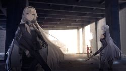 Rule 34 | 1boy, 4girls, ak-15, ak-15 (girls&#039; frontline), an-94 (girls&#039; frontline), assault rifle, bare shoulders, black gloves, black jacket, black legwear, blue eyes, buckle, building, coat, commander (girls&#039; frontline), detached sleeves, girls&#039; frontline, gloves, griffin &amp; kryuger military uniform, gun, hair between eyes, headgear, highres, holding, holding weapon, jacket, kalashnikov rifle, kalina (girls&#039; frontline), long hair, long sleeves, looking at viewer, looking away, miniskirt, multiple girls, niac, open mouth, orange hair, outdoors, pouch, purple eyes, red coat, red headwear, shadow, silhouette, skirt, tactical clothes, thigh strap, thighhighs, turtleneck, weapon, white hair