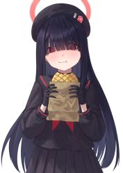 Rule 34 | 1girl, :t, absurdres, beret, black gloves, black hair, black hat, black sailor collar, black serafuku, black shirt, black skirt, blue archive, blunt bangs, bread, chewing, closed mouth, commentary request, eating, food, gloves, hair over eyes, halo, hat, highres, hime cut, justice task force member (blue archive), long hair, melon bread, neckerchief, pleated skirt, red neckerchief, sailor collar, school uniform, serafuku, shirt, simple background, skirt, solo, standing, straight-on, straight hair, tont27, upper body, very long hair, white background