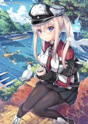 Rule 34 | 1girl, aircraft, aircraft carrier, airplane, anchor, bad id, bad twitter id, bf 109, bird, black gloves, black pantyhose, black skirt, capelet, celtic knot, cloud, coffee, coffee mug, cross, cup, day, dock, gloves, graf zeppelin (aircraft carrier), graf zeppelin (kancolle), hair between eyes, hat, highres, holding, holding cup, horizon, iron cross, kantai collection, knees together feet apart, light brown hair, long hair, long sleeves, looking at viewer, military, military hat, military uniform, military vehicle, miniskirt, mountain, mug, necktie, ocean, on wall, outdoors, own hands together, pantyhose, path, peaked cap, pier, pleated skirt, road, seagull, ship, shirakawako, sidelocks, sitting, skirt, sky, smile, solo, tree, twintails, uniform, warship, watercraft