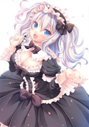 Rule 34 | 10s, 1girl, alternate costume, black dress, blue eyes, blush, bow, bowtie, breasts, cherry blossoms, cleavage, dress, frilled dress, frilled sleeves, frills, from above, gothic lolita, hairband, headdress, izumi akane, kantai collection, kashima (kancolle), large breasts, lolita fashion, lolita hairband, long hair, looking at viewer, medium breasts, open mouth, silver hair, simple background, smile, solo, twintails, white background