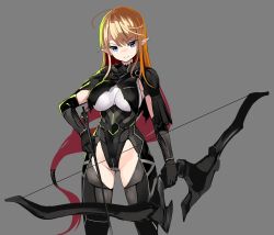 Rule 34 | &gt;:), 1girl, ahoge, arrow (projectile), black gloves, blonde hair, blue eyes, bodysuit, bow (weapon), breasts, closed mouth, clothing cutout, elbow gloves, elf, false smile, gloves, grey background, hand on own hip, highres, impossible bodysuit, impossible clothes, large breasts, long hair, messy (efuya), original, pointy ears, sidelocks, simple background, smile, solo, thigh cutout, v-shaped eyebrows, weapon