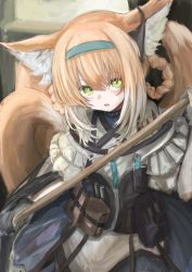 Rule 34 | 1girl, absurdres, animal ear fluff, animal ears, arknights, black gloves, blush, commentary, cowboy shot, dress, fox ears, fox girl, fox tail, gloves, green eyes, hair between eyes, hair rings, hand up, highres, holding, holding weapon, infection monitor (arknights), long hair, looking at viewer, material growth, multiple tails, orange fur, orange hair, oripathy lesion (arknights), parted lips, piennamekuzi, pouch, short sleeves, sidelocks, solo, suzuran (arknights), tail, weapon, white dress