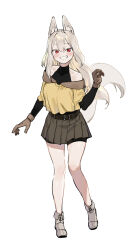 Rule 34 | 1girl, absurdres, animal ear fluff, animal ears, bare shoulders, belt, black belt, black shirt, blonde hair, blush, brown gloves, brown skirt, cafe92, collarbone, commentary, english commentary, fox ears, fox girl, fox tail, full body, gloves, grey footwear, grin, hand up, highres, jacket, long hair, long sleeves, looking at viewer, off-shoulder jacket, off shoulder, original, pleated skirt, red eyes, shirt, shoes, simple background, skirt, smile, solo, standing, tail, white background, yellow jacket