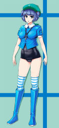 Rule 34 | 1girl, :o, blue eyes, blue footwear, blue hair, blue shirt, blunt bangs, blush, boots, full body, green hat, hair bobbles, hair ornament, hat, highres, ishimiso (ishimura), kawashiro nitori, key, looking at viewer, matching hair/eyes, one-piece swimsuit, over-kneehighs, rubber boots, shirt, short hair, short sleeves, solo, striped clothes, striped thighhighs, swimsuit, swimsuit under clothes, thighhighs, touhou, two side up