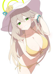 Rule 34 | 1girl, arm under breasts, bikini, blue archive, blue ribbon, bracelet, breasts, collarbone, flower, green eyes, grin, halo, halterneck, hat, hat flower, hat ribbon, highres, jewelry, large breasts, light brown hair, long hair, looking at viewer, nonomi (blue archive), nonomi (swimsuit) (blue archive), ribbon, ruffling hair, side-tie bikini bottom, smile, solo, sun hat, supershiruco, swimsuit, white hat, yellow bikini