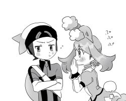Rule 34 | 1boy, 1girl, animal ears, backpack, bag, blush, brendan (pokemon), creatures (company), crossed arms, easter, fake animal ears, game freak, greyscale, hat, hinann bot, may (pokemon), may (spring 2021) (pokemon), monochrome, nintendo, official alternate costume, own hands together, pokemon, pokemon masters ex, pokemon oras, pout, rabbit ears, rabbit tail, tail, wrist cuffs