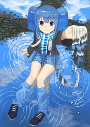 Rule 34 | 1girl, bad id, bad twitter id, blue eyes, blue hair, blue scarf, blue skirt, blue theme, cloud, cloudy sky, commentary request, day, dot nose, highres, looking at viewer, looking up, outstretched arm, reflection, ripples, scarf, shoes, short hair, sitting on water, skirt, sky, smile, solo, twintails, wasabi60, holding water