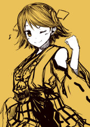 Rule 34 | 10s, 1girl, bare shoulders, hairband, hiei (kancolle), kantai collection, kouji (campus life), monochrome, musical note, nontraditional miko, one eye closed, quaver, short hair, simple background, skirt, smile, solo, spot color, wink, yellow background, yellow theme
