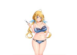 Rule 34 | 1girl, ahoge, bare shoulders, bikini, blonde hair, breasts, cleavage, clenched teeth, feet out of frame, female focus, game cg, groin, hand on own hip, hand up, holding, large breasts, legs, long hair, looking at viewer, navel, original, scissors, shirasaki sumire, simple background, smile, solo, standing, strapless, strapless bikini, swimsuit, tachi-e, teeth, thighs, transparent background, twintails, yamitsuki yandere harem!, yappen