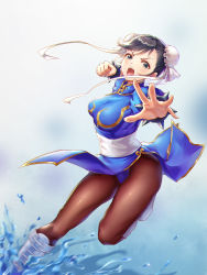 Rule 34 | 1girl, aiming, aiming at viewer, alternate hair color, black hair, blue dress, boots, bracelet, breasts, brown pantyhose, bun cover, capcom, china dress, chinese clothes, chun-li, clenched hand, commentary request, cross-laced footwear, d3c, double bun, dress, earrings, fighting stance, gold trim, grey eyes, hair bun, hands up, highres, incoming attack, incoming punch, jewelry, medium breasts, open mouth, outstretched arm, pantyhose, pelvic curtain, puffy sleeves, punching, sash, short sleeves, side slit, simple background, smile, solo, spiked bracelet, spikes, standing, standing on one leg, street fighter, teeth, thighs, upper teeth only, v-shaped eyebrows, white footwear, wind, wind lift