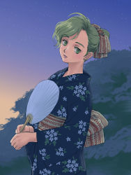 Rule 34 | 1girl, commentary request, earrings, final fantasy, final fantasy vi, green eyes, green hair, japanese clothes, jewelry, kimono, looking at viewer, short hair, solo, star (symbol), tina branford, yuccoshi