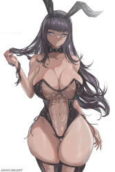 Rule 34 | animal ears, arachnart, bare arms, bare shoulders, black hair, breasts, cleavage, closed mouth, collarbone, cowboy shot, fake animal ears, gluteal fold, highres, hyuuga hinata, large breasts, leotard, looking at viewer, naruto, naruto (series), navel, bowtie, purple eyes, rabbit ears, see-through, simple background, smile, standing, strapless, thick thighs, thigh gap, thighhighs, thighs, white background