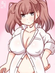 1girl artist_logo atlanta_(kancolle) breasts brown_hair cowboy_shot dated gradient_background grey_eyes kanon_(kurogane_knights) kantai_collection large_breasts logo long_hair long_sleeves looking_at_viewer no_bra no_panties one-hour_drawing_challenge open_clothes open_shirt pink_background shirt solo sweatdrop two_side_up white_shirt