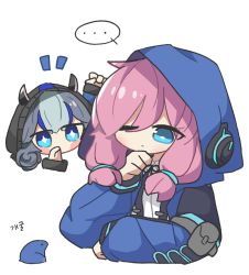 Rule 34 | ..., 2girls, arknights, banbon, blue eyes, blue hair, blue jacket, blue poison (arknights), blush stickers, bolo tie, chibi, closed mouth, detached hood, frog, glaucus (arknights), hand on own chin, hood, hood up, hooded jacket, jacket, korean text, long sleeves, low twintails, multicolored hair, multiple girls, one eye closed, pink hair, spoken ellipsis, streaked hair, twintails