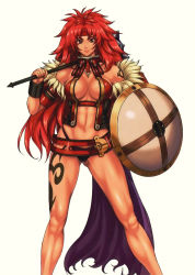Rule 34 | 1girl, abs, armlet, armor, belt, belt skirt, bikini armor, bracelet, breasts, center opening, cleavage, curvy, eiwa, fur trim, headband, highleg, highleg panties, highres, jewelry, large breasts, legs, long hair, long legs, mace, midriff, muscular, navel, non-web source, panties, purple eyes, queen&#039;s blade, red eyes, red hair, risty (queen&#039;s blade), risty (queen's blade), shield, solo, tan, tattoo, thick thighs, thighs, toned, underwear, very long hair, weapon, wilderness bandit risty