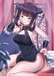 Rule 34 | 1girl, bare shoulders, black dress, blue eyes, blunt bangs, blush, breasts, china dress, chinese clothes, cleavage, closed mouth, curtains, detached sleeves, dress, fate/grand order, fate (series), hair ornament, large breasts, licking lips, long hair, looking at viewer, mishiro (ixtlolton), on bed, pillow, purple hair, side slit, sideboob, sidelocks, sitting, smile, solo, thighs, tongue, tongue out, twintails, very long hair, wariza, yang guifei (fate), yang guifei (second ascension) (fate)