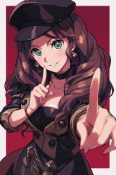 Rule 34 | 1girl, asada hachi, banned artist, black hat, black jacket, blush, breasts, brown hair, buttons, cleavage, dorothea arnault, double-breasted, earrings, fire emblem, fire emblem: three houses, garreg mach monastery uniform, green eyes, grin, hat, highres, index finger raised, jacket, jewelry, large breasts, long hair, long sleeves, looking at viewer, nintendo, peaked cap, smile, solo, wavy hair