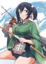 Rule 34 | 1girl, archery, arrow (projectile), blue eyes, blue hair, blue hakama, blue skirt, bow (weapon), breasts, commentary request, flight deck, green hakama, green kimono, hair ribbon, hakama, hakama skirt, headband, highres, holding, holding bow (weapon), holding weapon, japanese clothes, kantai collection, kimono, kyuudou, large breasts, looking at viewer, minosu, partial commentary, quiver, ribbon, skirt, smile, solo, souryuu (kancolle), souryuu kai ni (kancolle), twintails, weapon, white ribbon, wide sleeves