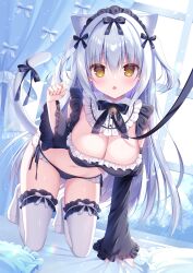 Rule 34 | 1girl, all fours, animal ears, bikini, black bow, black panties, black sleeves, bow, breasts, brown eyes, cat ears, cat girl, cat tail, chestnut mouth, cleavage, commentary request, curtains, detached sleeves, frilled bikini, frilled sleeves, frilled thighhighs, frills, grey hair, hair between eyes, hair bow, hasune, highres, indoors, large breasts, long hair, long sleeves, looking at viewer, maid, maid headdress, navel, no shoes, original, panties, parted lips, side-tie panties, solo, swimsuit, tail, thighhighs, two side up, underwear, very long hair, white thighhighs, wide sleeves, window