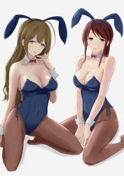 Rule 34 | 1mm (norizo), 2girls, :o, animal ears, bare shoulders, between legs, blue leotard, bow, bowtie, breasts, brown eyes, brown hair, cleavage, collarbone, cross-laced clothes, detached collar, fishnet legwear, fishnets, hand between legs, highres, idolmaster, idolmaster cinderella girls, idolmaster shiny colors, kuwayama chiyuki, leotard, light blush, long hair, looking at viewer, medium breasts, mifune miyu, multiple girls, no shoes, open mouth, pantyhose, playboy bunny, ponytail, rabbit ears, red bow, red bowtie, red hair, side-tie leotard, sidelocks, simple background, sitting, smile, wariza, white background, wrist cuffs