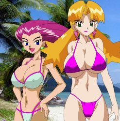 Rule 34 | 2girls, artist request, beach, bikini, blonde hair, blue eyes, breasts, cassidy (pokemon), cleavage, creatures (company), earrings, game freak, green eyes, hip focus, jessie (pokemon), jewelry, large breasts, long hair, looking at viewer, midriff, multiple girls, narrow waist, navel, nintendo, no bangs, open mouth, pink hair, pokemon, smile, swimsuit, wide hips