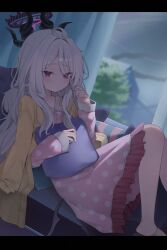 Rule 34 | 1girl, black horns, blue archive, blush, closed mouth, demon horns, grey hair, highres, hina (blue archive), hina (pajamas) (blue archive), horns, koba (kobako42), long hair, long sleeves, official alternate costume, pajamas, pink pajamas, polka dot, polka dot pajamas, purple eyes, solo