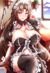 Rule 34 | 1girl, alternate costume, animal ears, black thighhighs, blush, breasts, brown hair, cleavage, enmaided, highres, huge breasts, imaizumi kagerou, indoors, long hair, looking at viewer, maid, maid headdress, navel, open mouth, plant, potted plant, red eyes, sitting, solo, thighhighs, touhou, very long hair, window, wolf ears, wrist cuffs, zan (harukahime)
