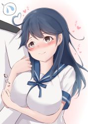 Rule 34 | 1boy, 1girl, 88942731ne, admiral (kancolle), arm hug, blouse, blue hair, blue serafuku, breasts, brown eyes, commentary request, heart, highres, kantai collection, large breasts, long hair, military, military uniform, naval uniform, school uniform, serafuku, shirt, short sleeves, smile, uniform, ushio (kancolle), white shirt