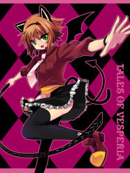 Rule 34 | 00s, 1girl, animal ears, argyle, argyle background, argyle clothes, bat wings, black thighhighs, bob cut, brown hair, cat ears, cat tail, copyright name, demon tail, green eyes, headband, miyu (matsunohara), necktie, official alternate costume, rita mordio, short hair, skirt, solo, tail, tales of (series), tales of vesperia, thighhighs, wings