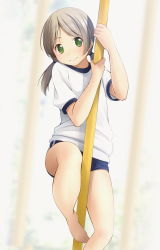 Rule 34 | 1girl, arm up, barefoot, blue buruma, blurry, blurry background, brown hair, buruma, climbing, commentary request, depth of field, feet out of frame, green eyes, gym shirt, gym uniform, hand up, highres, long hair, low twintails, original, parted bangs, pole, puffy short sleeves, puffy sleeves, shibacha, shirt, short sleeves, solo, twintails, white shirt