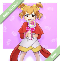 Rule 34 | 1girl, arc the lad, arc the lad ii, bow, character name, choko (arc the lad), commentary request, dress, hair ribbon, happy, highres, legs apart, nib pen (medium), open mouth, pink background, red hair, ribbon, shawl, short hair, short twintails, smile, solo, standing, traditional media, twintails, yellow bow