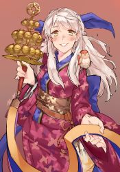 Rule 34 | 1girl, bangle, bird, blue scarf, blush, bracelet, fire emblem, fire emblem: radiant dawn, fire emblem heroes, hair ornament, highres, japanese clothes, jewelry, kenshin187, kimono, long hair, looking at viewer, micaiah (fire emblem), nintendo, obi, official alternate costume, sash, scarf, silver hair, simple background, smile, solo, yellow eyes, yune (fire emblem)