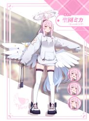 Rule 34 | 1girl, angel wings, bag, blue archive, blush, daran9, dolphin shorts, feathered wings, full body, halo, handbag, highres, hood, hoodie, long hair, looking at viewer, low wings, mika (blue archive), oversized clothes, pink hair, ponytail, scrunchie, shorts, sleeves past fingers, sleeves past wrists, smile, solo, thighhighs, white hoodie, white sneakers, white thighhighs, white wings, wings, yellow eyes