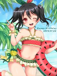 Rule 34 | 1girl, absurdres, artist name, artist request, bare arms, bare shoulders, beach, bikini, black hair, blue sky, blush, bow, cloud, cloudy sky, collarbone, day, female focus, frilled bikini, frills, green ribbon, hair ribbon, highres, innertube, love live!, love live! school idol festival, love live! school idol project, navel, one eye closed, outdoors, parted lips, polka dot, polka dot ribbon, red bow, red eyes, red footwear, red ribbon, ribbon, sand, sandals, sidelocks, sky, solo, sweat, swim ring, swimsuit, twintails, v, water, yazawa nico